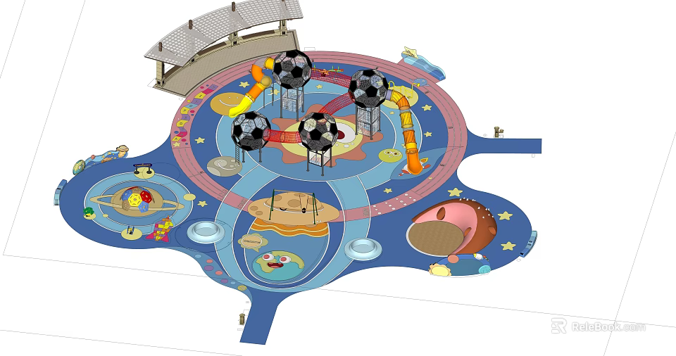Colorful Children's Play Area With Roofed Canopy Climbing Structures Slides And Star Patterned Floor 3d model 