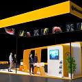 Continental Exhibition Booth With Yellow Canopy Tire Patterns People Tables Chairs And TV Screen