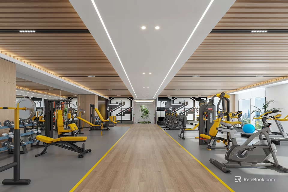 Modern Fitness Gym Interior With Bright Lighting Wooden Flooring And Workout Equipment 3d model 