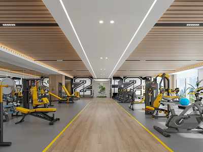 Modern Fitness Gym Interior With Bright Lighting Wooden Flooring And Workout Equipment 3d model