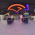 Vibrant Arcade Amusement Area With Neon Lights Gaming Machines Graffiti Signage And Shiny Floor