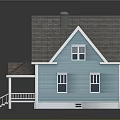 Single Family Home With Blue Exterior Brown Roof Porch Chimney And White Window Frames
