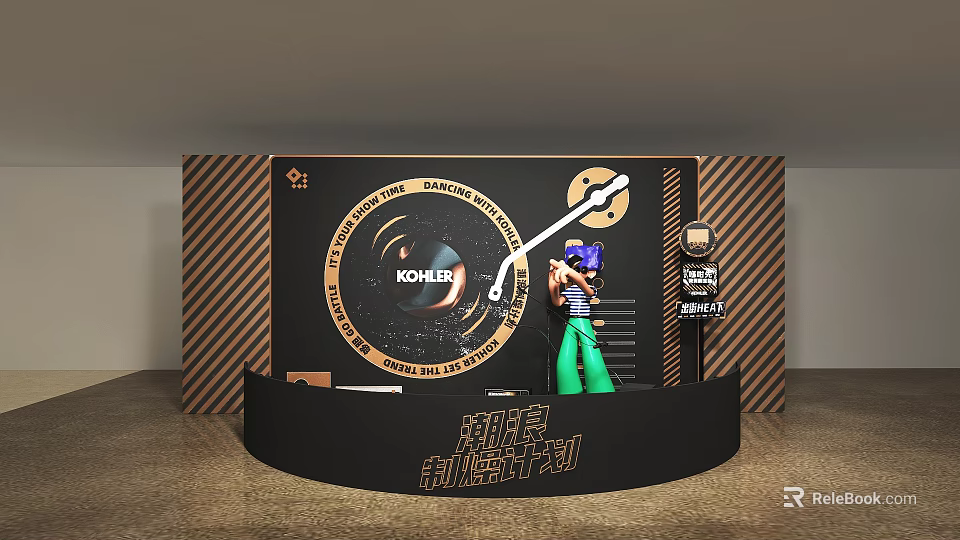 KOCHET Chaowan Ke Manufacturing Plan Display Featuring Character And Circular Logo On Striped Backdrop 3d model 
