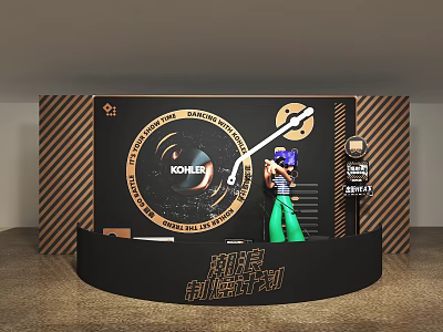 KOCHET Chaowan Ke Manufacturing Plan Display Featuring Character And Circular Logo On Striped Backdrop 3d model