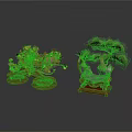 Decorative Bonsai Trees With Golden Leaf And Green Pine On Wooden Display Bases