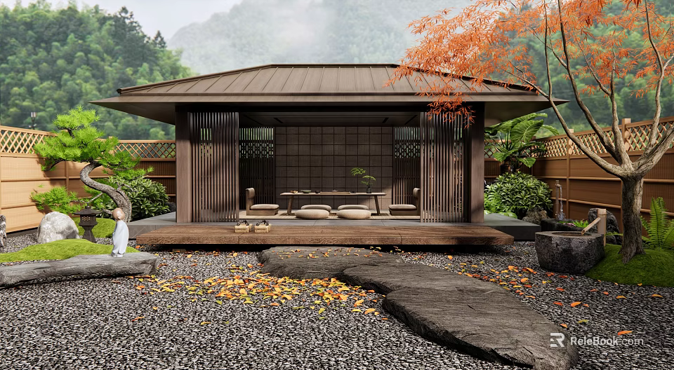 Japanese Garden Courtyard With Wooden Pavilion Pebbles Maple Leaves Stone Lantern And Green Plants 3d model 