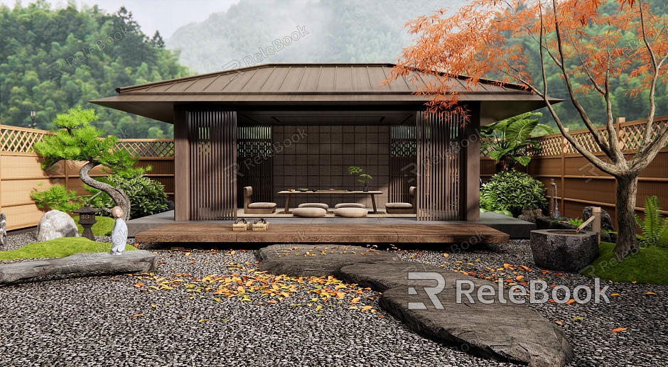 Japanese-style courtyard landscape pavilion tea room tea table and chair tea table landscape stone plant landscape water bowl red maple landscape model