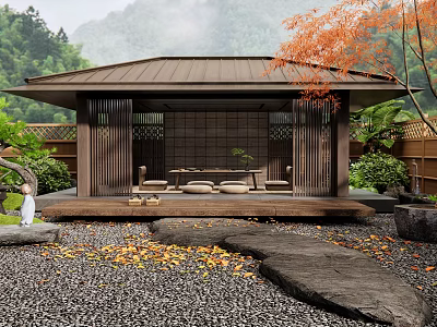 Japanese Garden Courtyard With Wooden Pavilion Pebbles Maple Leaves Stone Lantern And Green Plants 3d model