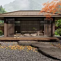Japanese Garden Courtyard With Wooden Pavilion Pebbles Maple Leaves Stone Lantern And Green Plants
