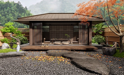 Japanese-style courtyard landscape pavilion tea room tea table and chair tea table landscape stone plant landscape water bowl red maple landscape 3d model