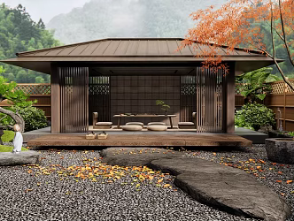 Japanese-style courtyard landscape pavilion tea room tea table and chair tea table landscape stone plant landscape water bowl red maple landscape 3d model