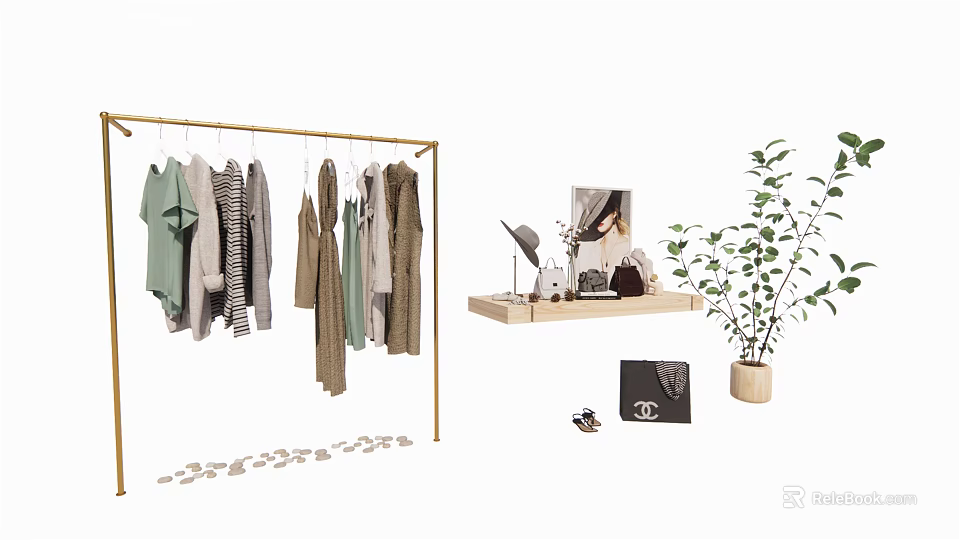 Modern Gold Clothes Rack With Hanging Clothes Wooden Shelf Handbag And Potted Plant 3d model 