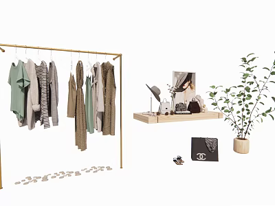 Modern Gold Clothes Rack With Hanging Clothes Wooden Shelf Handbag And Potted Plant 3d model