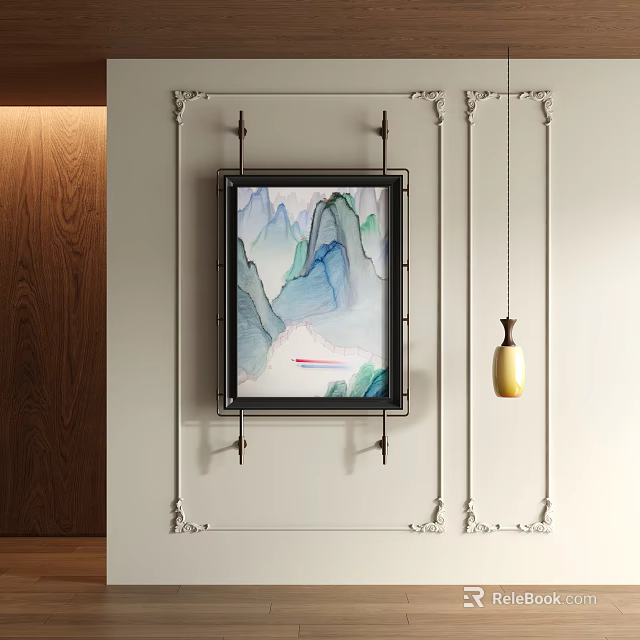 Black Framed Abstract Painting With Watercolor Mountains Ornate Metal Wall Decor And Yellow Pendant Light 3d model 