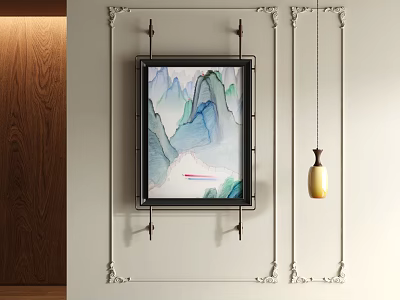Black Framed Abstract Painting With Watercolor Mountains Ornate Metal Wall Decor And Yellow Pendant Light 3d model