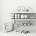 Stylish Black White Striped Dinnerware Set With Cups Bowls Plates On Wooden Shelf Hanging Tabletop