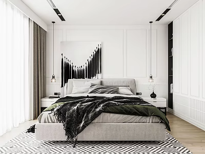 Modern Bedroom Interior With Gray Bed Green Black Blanket Geometric Rug And Wooden Floor 3d model
