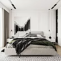Modern Bedroom Interior With Gray Bed Green Black Blanket Geometric Rug And Wooden Floor