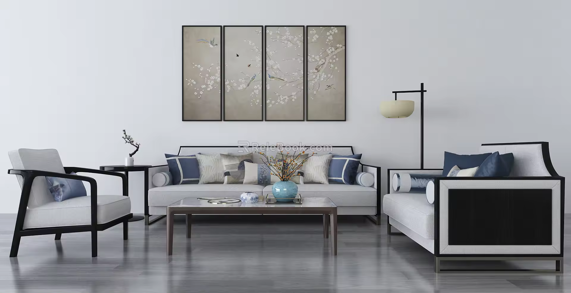 New Chinese Style Sofa Coffee Table Combination Sofa Coffee Table Mural Floor Lamp 3d model