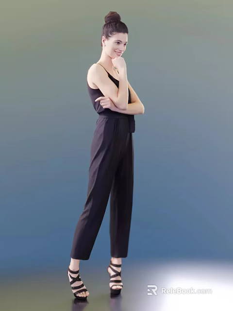 Stylish Woman In Black Sleeveless Jumpsuit Standing With Crossed Arms Against Gradient Blue Backdrop 3d model 