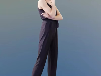 Stylish Woman In Black Sleeveless Jumpsuit Standing With Crossed Arms Against Gradient Blue Backdrop 3d model
