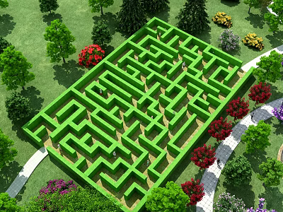 Outdoor Green Maze Play Equipment With Lush Trees And Colorful Flowers 3d model