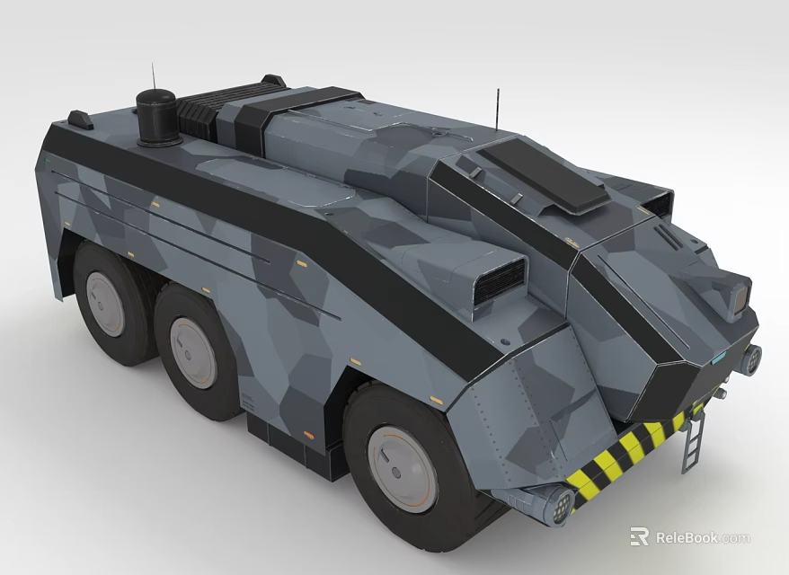 Armored Vehicle With Camouflage Pattern Six Wheels Black Design And Yellow Stripes 3d model 