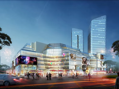 Modern Commercial Street With Glass Facades Night Scene Pedestrians And Bright Lighting 3d model