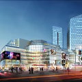 Modern Commercial Street With Glass Facades Night Scene Pedestrians And Bright Lighting