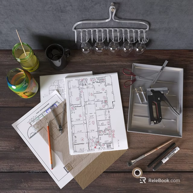 Workspace with Design Floor Plans Tools Wine Glass Rack Mugs and Stationery on Wooden Table 3d model 