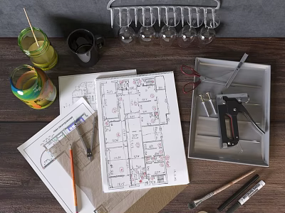 Workspace with Design Floor Plans Tools Wine Glass Rack Mugs and Stationery on Wooden Table 3d model