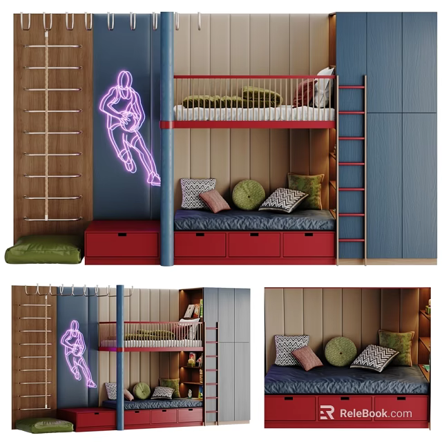 Stylish Basketball Themed Kids Bunk Bed With Storage Drawers Safety Ladders And Comfortable Pillows 3d model 