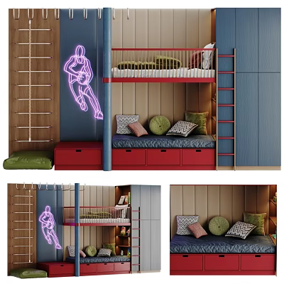 Stylish Basketball Themed Kids Bunk Bed With Storage Drawers Safety Ladders And Comfortable Pillows 3d model