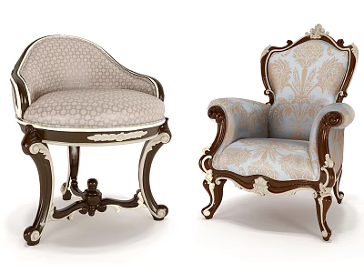 Elegant Classic Armchairs With Ornate Wooden Frames And Patterned Fabric 3d model
