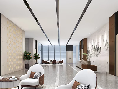 Modern Reception Lobby Interior With Stylish Desk Comfortable Seating And Green Plants 3d model