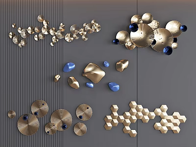 Modern Luxury Wall Decor With Gold Blue Geometric Shapes And Metallic Texture 3d model