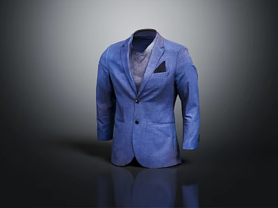 Blue Formal Suit Jacket With Dark Pocket Square And Modern Lapel Design 3d model