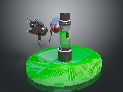 Futuristic Mechanical Setup With Green Platform Transparent Cylinder Container Green Liquid And Flying Insects 3d model