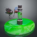 Futuristic Mechanical Setup With Green Platform Transparent Cylinder Container Green Liquid And Flying Insects