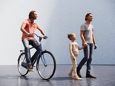 Two Men One Riding Bicycle And Another Holding Little Boy's Hand Walking Together 3d model