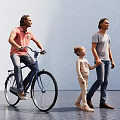 Two Men One Riding Bicycle And Another Holding Little Boy's Hand Walking Together