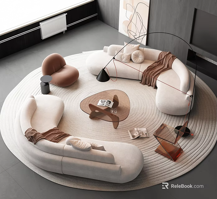 Modern White Circular Sofa And Coffee Table Set With Rug Accent Chair Throw Pillows 3d model 