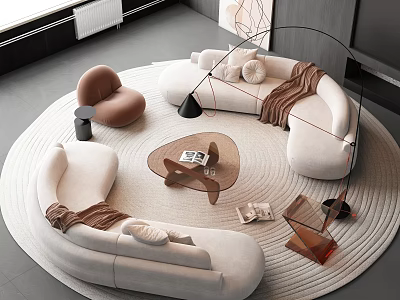 Modern White Circular Sofa And Coffee Table Set With Rug Accent Chair Throw Pillows 3d model