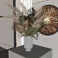 Dried Pampas Grass Arrangement in Transparent Striped Vase on White Tabletop with Circular Decorative Mirror