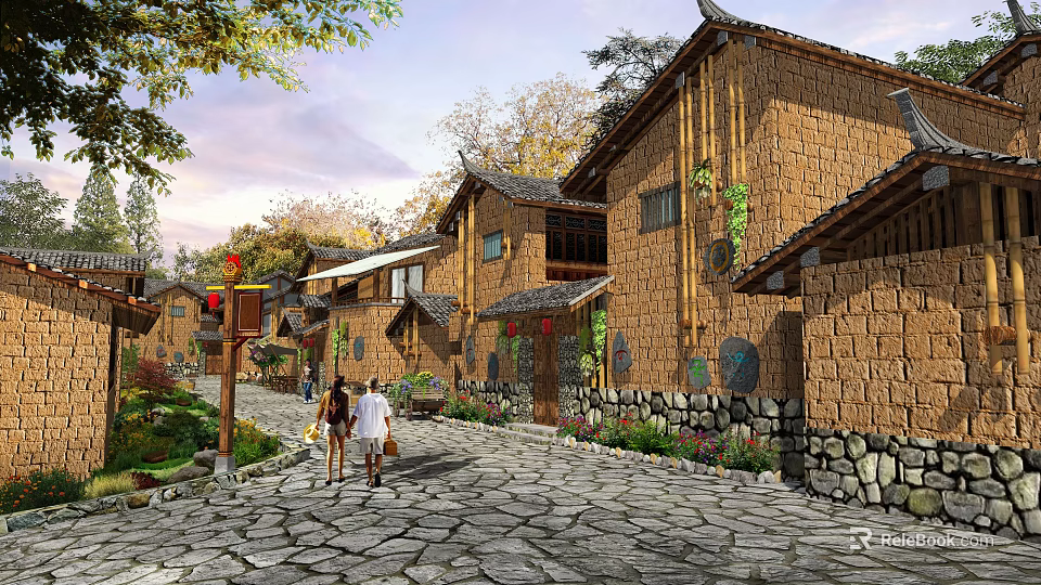 Traditional Garden Landscape Featuring Stone Paved Path Ancient Buildings Green Trees And Pedestrians 3d model 