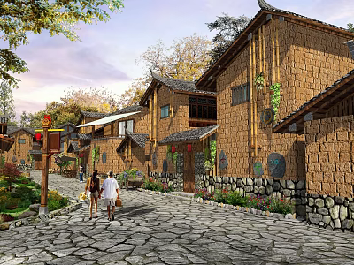 Traditional Garden Landscape Featuring Stone Paved Path Ancient Buildings Green Trees And Pedestrians 3d model
