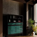 Stylish Tea Cabinet With Dark Frame Turquoise Doors And Gray Brick Wall Background