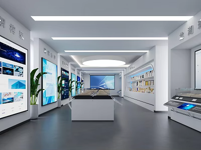 Modern Open Office Showroom With Large Screens Green Plants And Display Counters 3d model