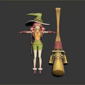 Woman In Green Witch Outfit With Pink Hair Broomstick And Outstretched Arms