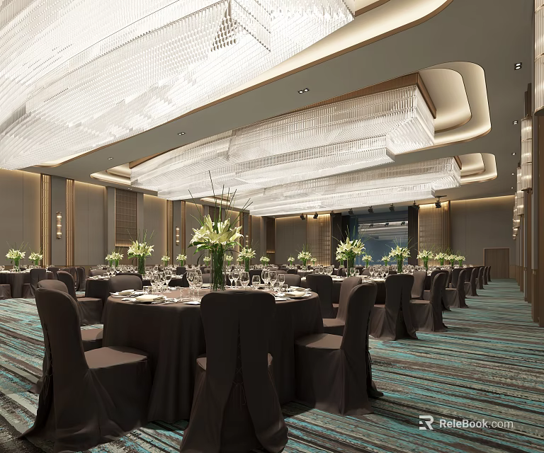 Luxurious Banquet Hall Interior With Crystal Chandeliers Round Tables And Flower Decorations 3d model 